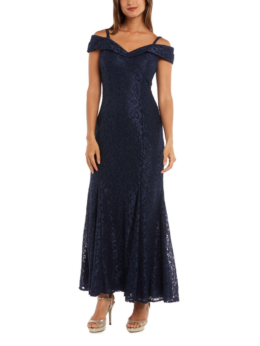 R&M Richards Navy Lace Strapless Evening Gown